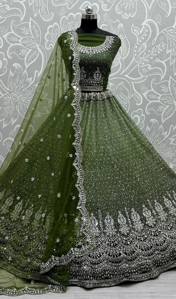 Wedding Wear Green Embroidery Work Net Lehenga Choli